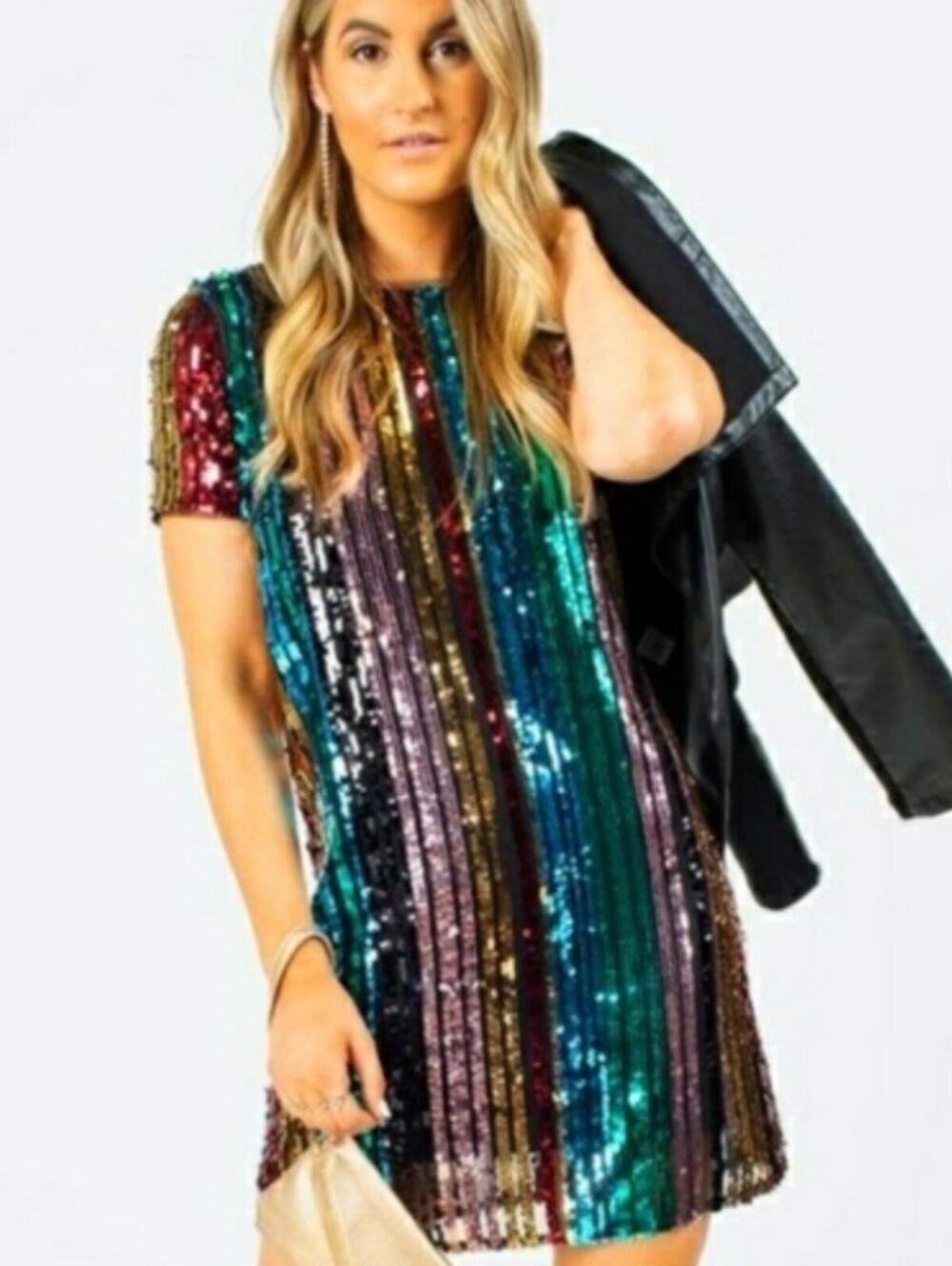 NEW Francesca's Mi Ami $64 Small Rainbow Striped Sequin Mini Cocktail Dress